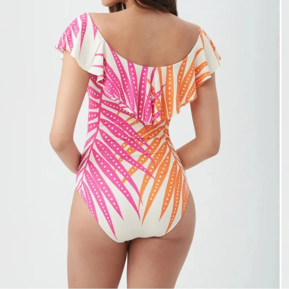 NWT🧡TRINA TURK🩷Tropics Off The Shoulder One Piece Swimsuit- Pink & Orange Ruffle